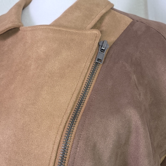 Promesa Faux Suede Colorblock Moto Jacket Women’s Lg Brown Tan Asymmetrical Zip - Picture 2 of 14